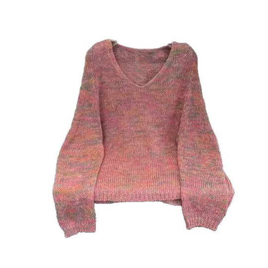 Damen leichter Strickpullover mit V-Ausschnitt und voluminösen Ärmeln R&B