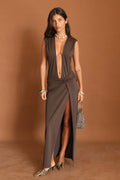 Damen Elegantes Wickelkleid mit tiefem V-Ausschnitt und hoher Schlitz R&B