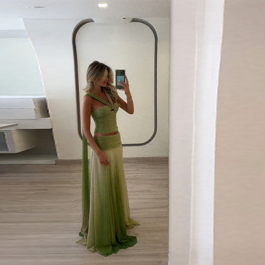Damen schickes Maxikleid mit geflochtenem Oberteil und fließendem Rock R&B