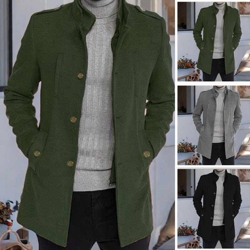 Herren eleganter, mittelschwerer Freizeitmantel mit Stehkragen und seitlichen Taschen