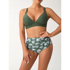Damen Bikini-Set mit hohem Bund und modischem Palmendruck R&B