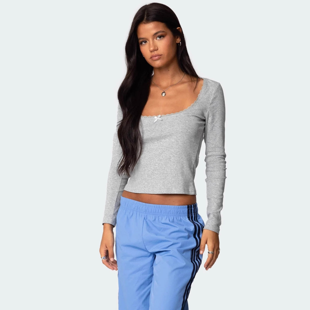 Damen Langarmshirt mit quadratischem Ausschnitt und Spitzenakzenten R&B