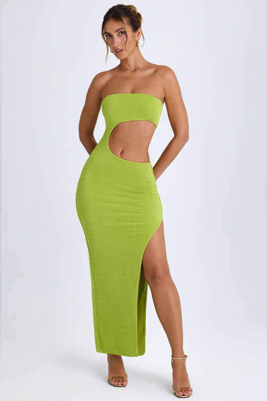 Damen Elegantes Cut-Out Maxikleid mit Schulterfreiem Design und Hohem Schlitz R&B