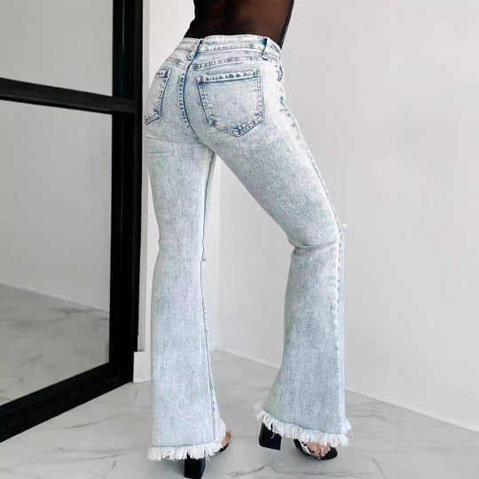 Damen Flared Jeans mit modischen Fransen und Rissen R&B