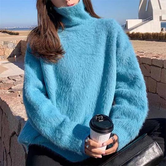 Damen Flauschiger Pullover mit Lockere Passform und Hohem Kragen R&B