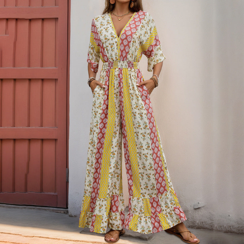 Damen Maxi-Jumpsuit mit floralen Mustern und voluminösen Ärmeln R&B