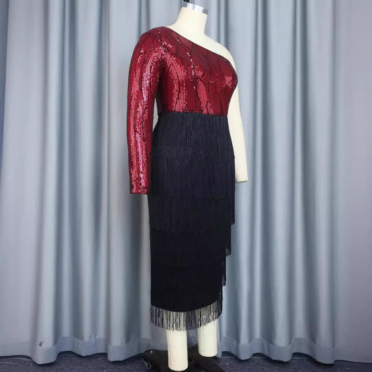 Damen Elegantes Cocktailkleid mit funkelnden Pailletten und Fransen R&B