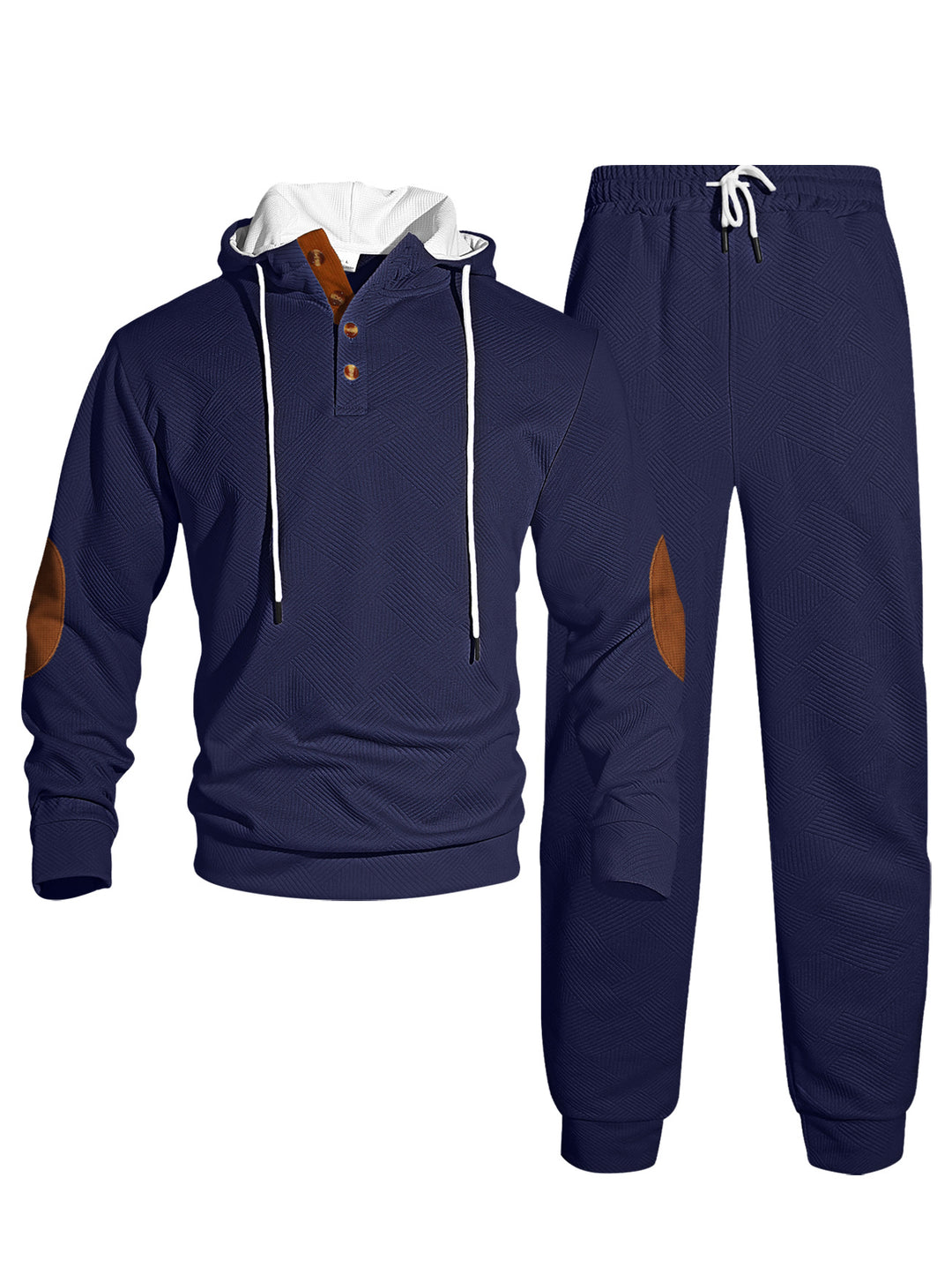 Herren nan Waffelstruktur Henley-Kapuzen-Set mit Holzknopfleiste Ellbogen-Patches und konischer Jogginghose R&B