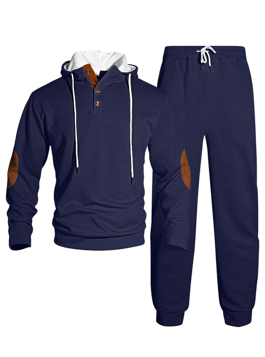Herren nan Waffelstruktur Henley-Kapuzen-Set mit Holzknopfleiste Ellbogen-Patches und konischer Jogginghose R&B