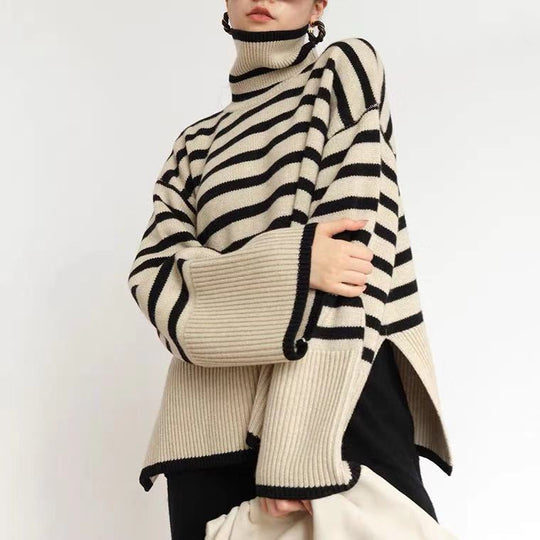 Damen Lässiger Strickpullover mit Blockstreifen und hohem Kragen R&B