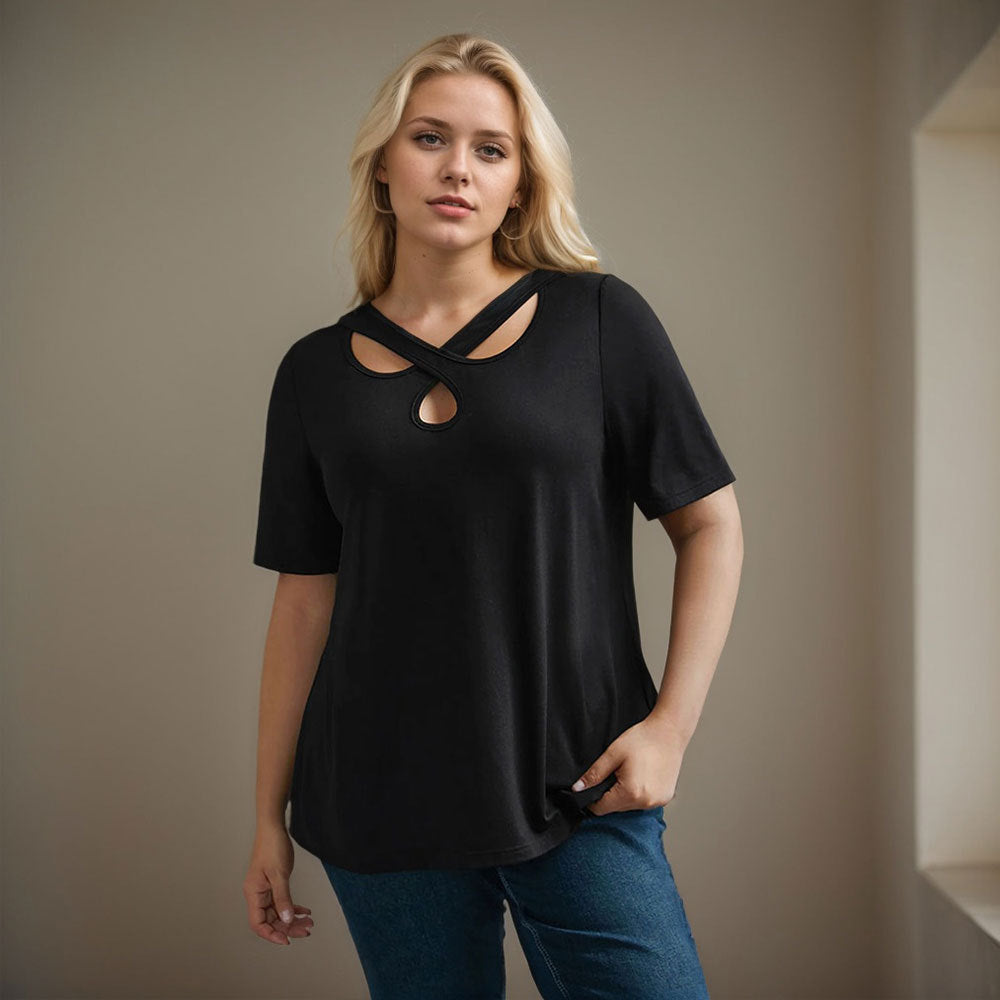 Damen Kurzarmshirt mit Kreuz-Ausschnitt R&B