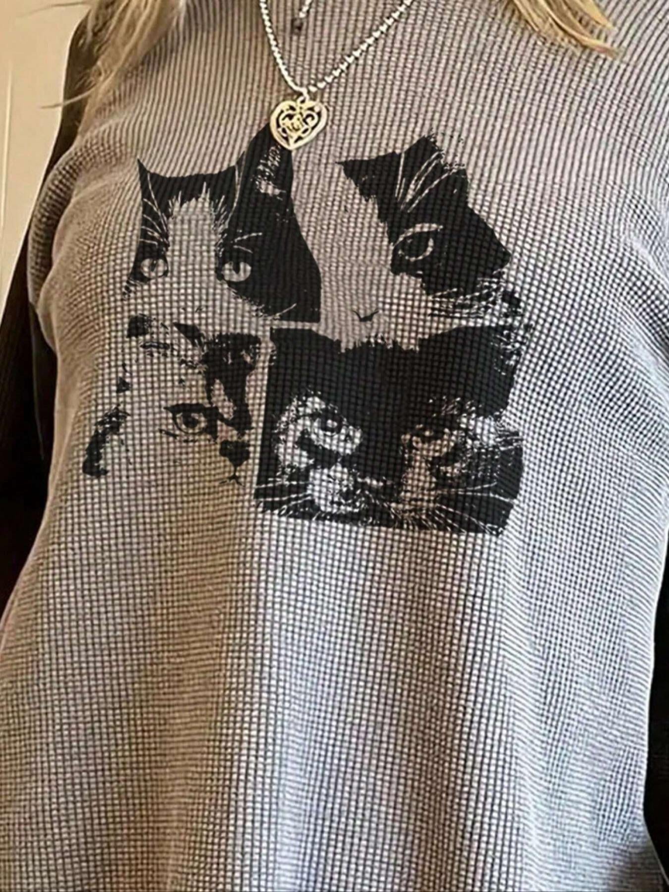 Damen lässiges Oberteil mit Katzenmotiv R&B