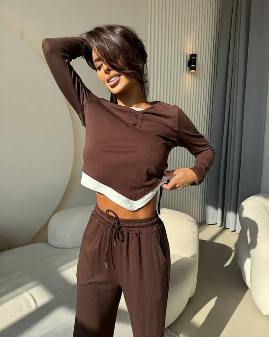 Damen lässiges Freizeit-Set mit Knopfdetails und elastischem Bund R&B