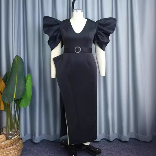 Damen Elegantes Abendkleid mit voluminösen Puffärmeln und einem stilvollen Gürtel R&B