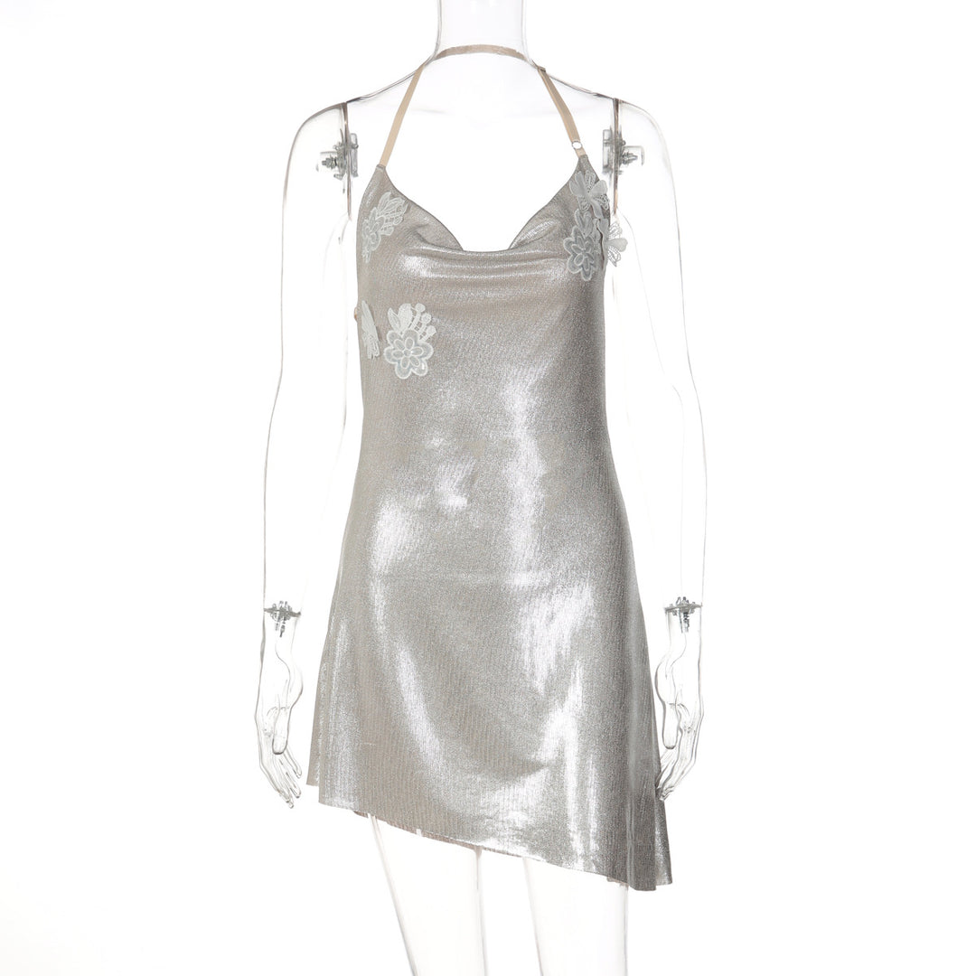 Damen glänzendes Cocktailkleid mit Spaghetti-Trägern und zarten Spitzenapplikationen R&B