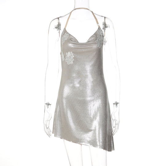 Damen glänzendes Cocktailkleid mit Spaghetti-Trägern und zarten Spitzenapplikationen R&B