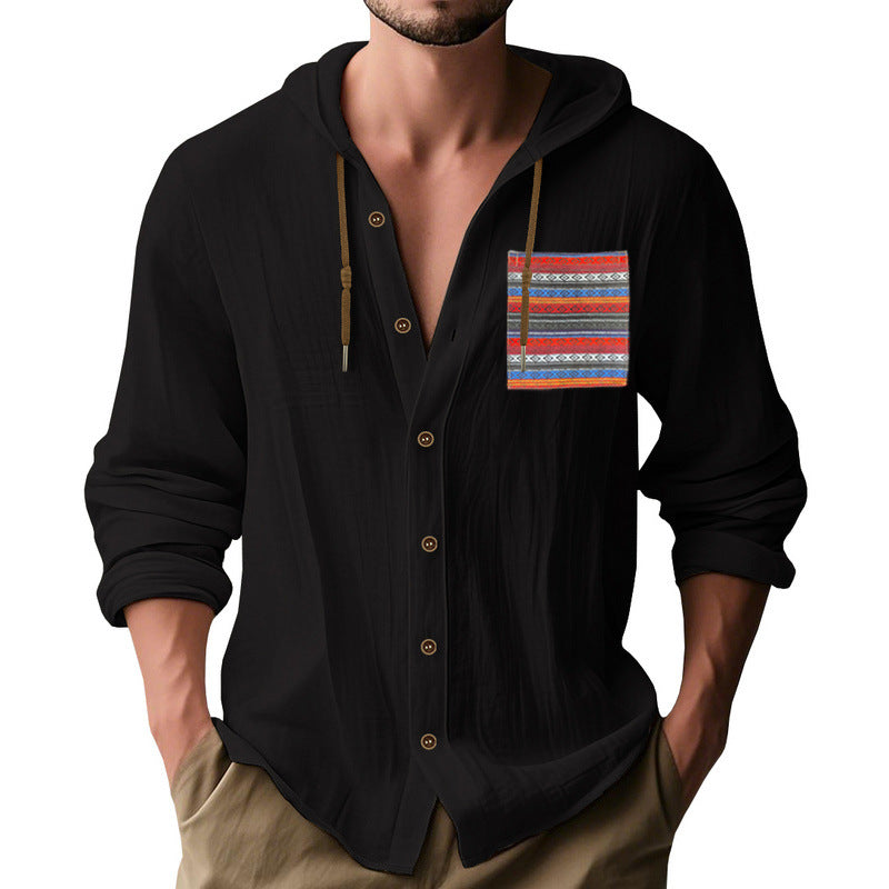 Herren nan leichte Kapuzenhemdjacke aus strukturierter Baumwollmischung mit Ethno‑Brusttasche und Knopfleiste R&B