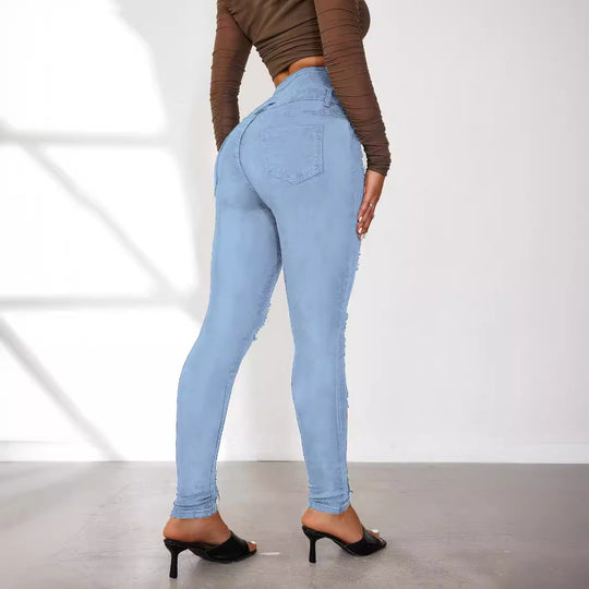 Damen High-Waist Jeans mit modischen Riss- und Knopfdetails R&B