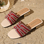 Damen eleganten Strandsandalen mit funkelndem Schmuckdesign und komfortablem Blockabsatz R&B