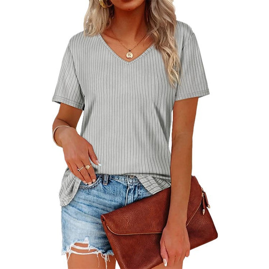 Damen Viskose T-Shirt mit feinem Rippstrickmuster und lässigem V-Ausschnitt R&B
