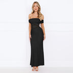 Damen elegantes Maxikleid mit schulterfreiem Design und Spitzenverzierung R&B