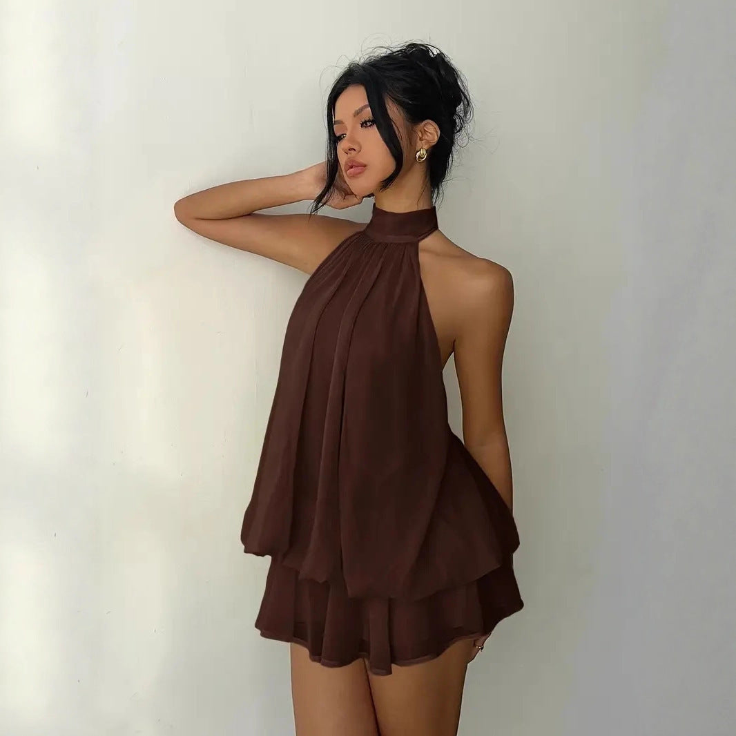 Damen lässiges Trägerkleid mit hochgeschlossenem Design und gerafftem Saum R&B