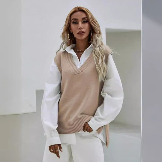 Damen Strickweste mit V-Ausschnitt und feinen Rippstrukturen R&B