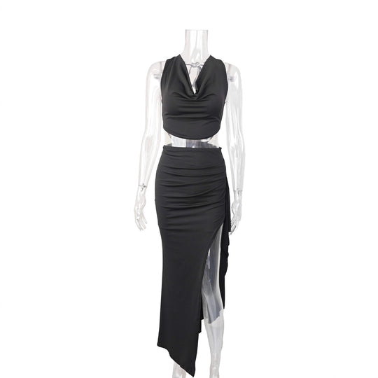 Damen Elegantes Crop-Top und Maxi-Rock Set mit hohem Schlitz R&B