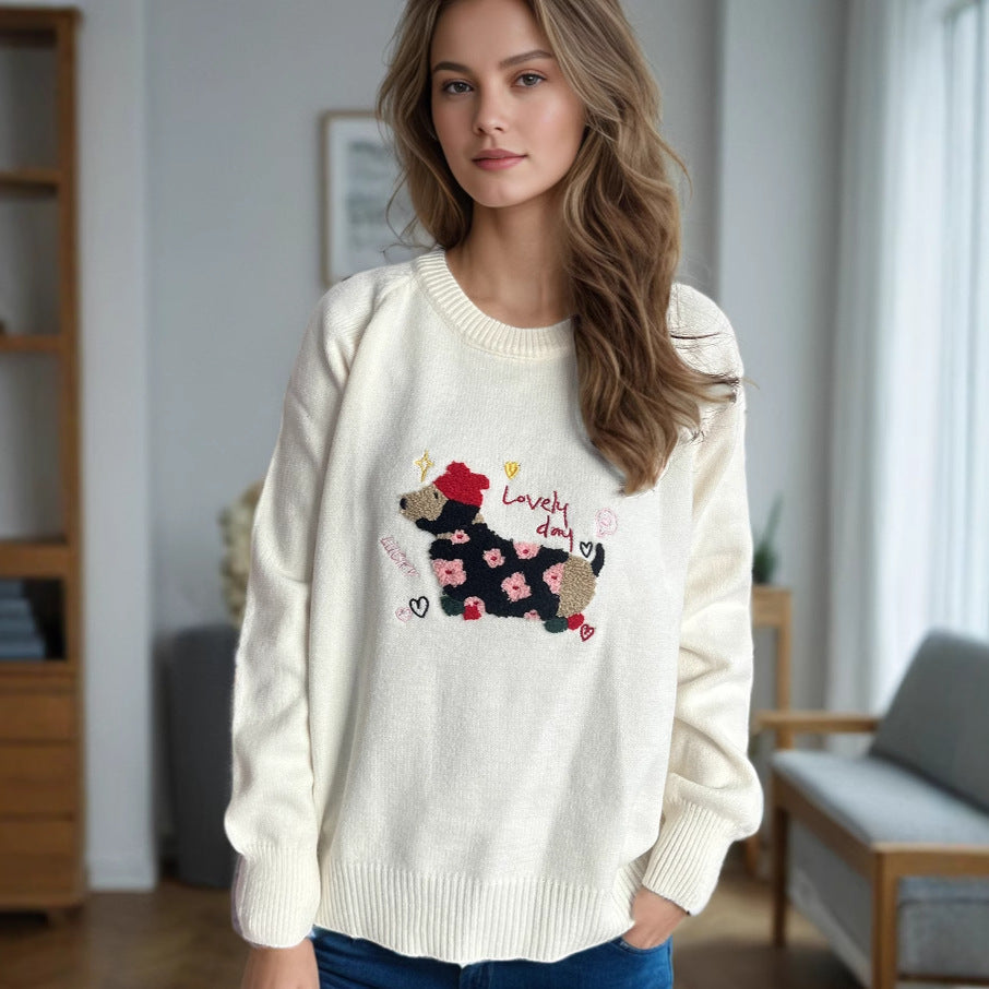 Damen Pullover mit tierischem Motiv und dekorativen Stickereien R&B
