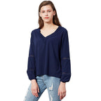 Damen luftige Bluse mit V-Ausschnitt und Spitzenbesatz
