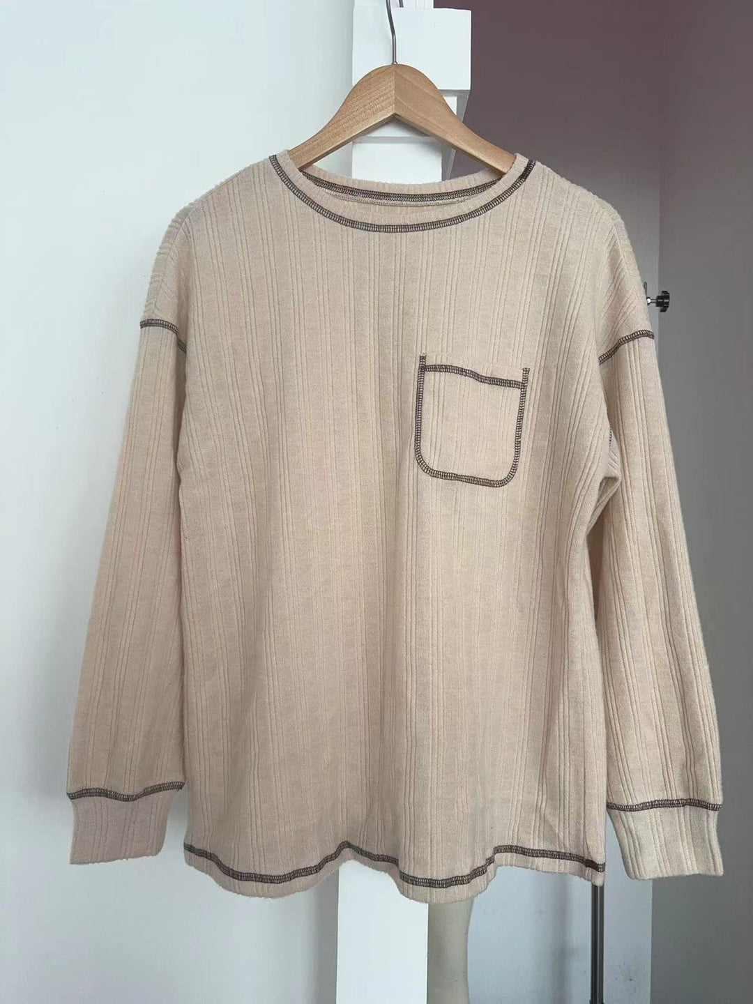 Damen Bequemer Langarm-Shirt mit Rippenstruktur und Brusttasche R&B