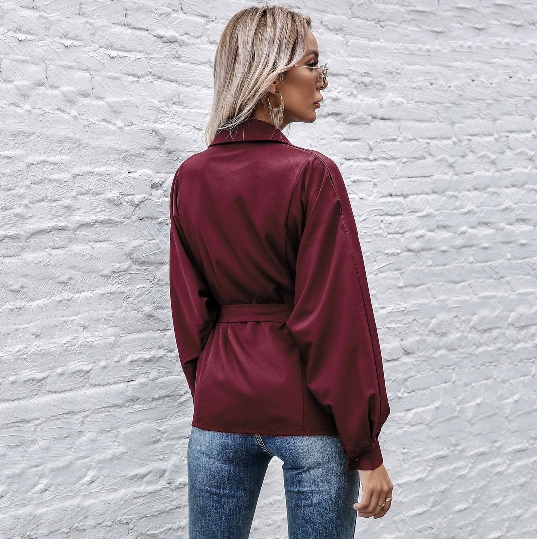 Damen Elegantes Hemdblusenshirt mit Taillengürtel und hochwertigem Satin Material R&B