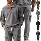 Herren nan strukturierter Troyer-Pullover mit Stehkragen Druckknopfleiste und Velours-Ellenbogenpatch R&B