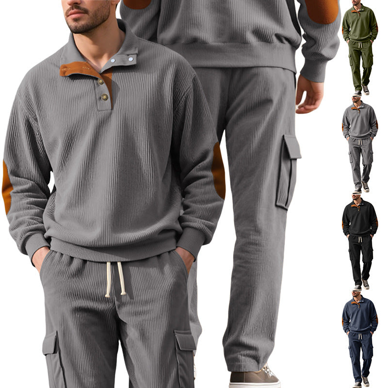Herren nan strukturierter Troyer-Pullover mit Stehkragen Druckknopfleiste und Velours-Ellenbogenpatch R&B