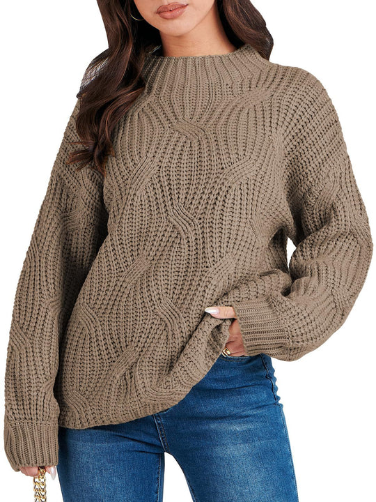 Damen Grobstrickpullover mit extravagantem Wellenmuster und hohem Kragen R&B