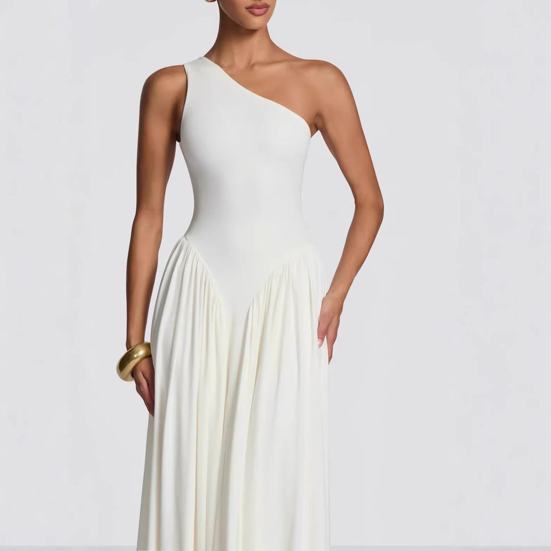 Damen Maxi-Kleid mit schulterfreiem Design und fließendem Stoff R&B
