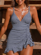 Damen Strandkleid mit modischen Raffungselementen und femininem V-Ausschnitt R&B