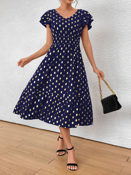 Damen Maxikleid mit Rüschendetails und schimmerndem Punktmuster R&B
