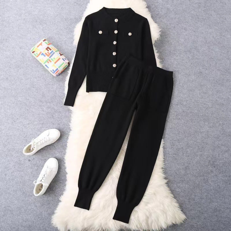 Damen elegantes Strickanzug-Set mit Knopfdétails R&B