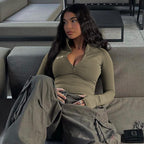 Damen figurbetontes Longsleeve Shirt mit Stehkragen und Reißverschluss R&B