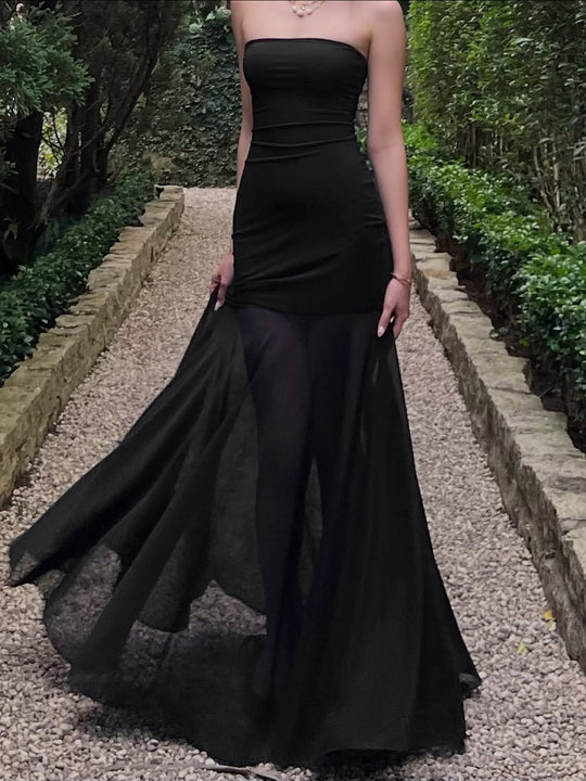 Damen Strapless Maxikleid mit fließendem Rock R&B