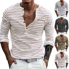 Herren Langarm-Henley-Shirt mit modischen Streifen und praktischen Knöpfen R&B