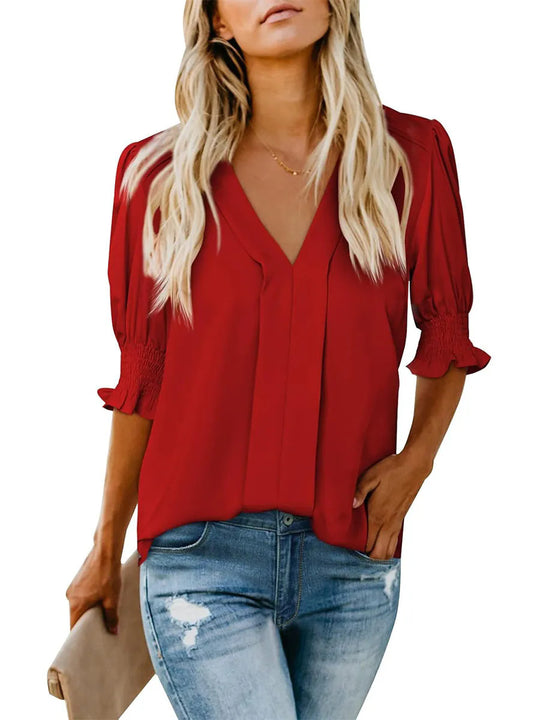 Damen elegantes V-Ausschnitt Bluse mit Rüschenärmeln und dekorativen Falten R&B