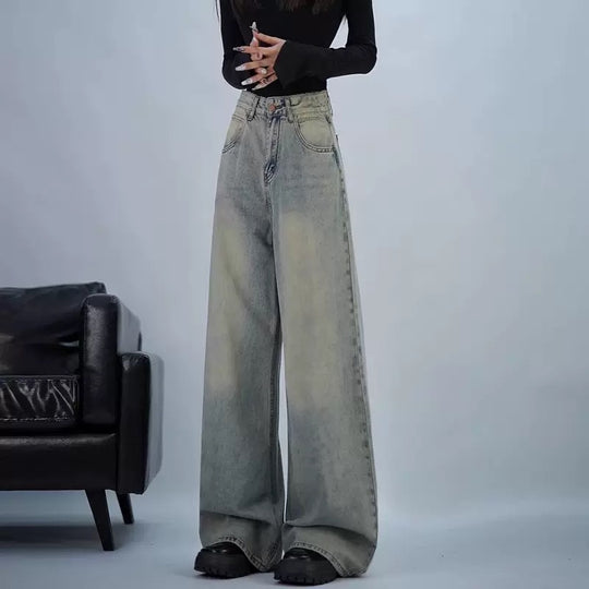 Damen trendige Baggy-Jeans mit hohem Bund und weiten Beinen R&B