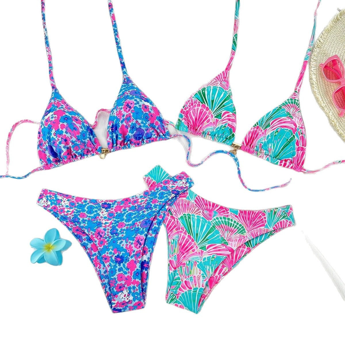 Damen Triangel-Bikini-Set mit verstellbaren Trägern und buntem Muster R&B