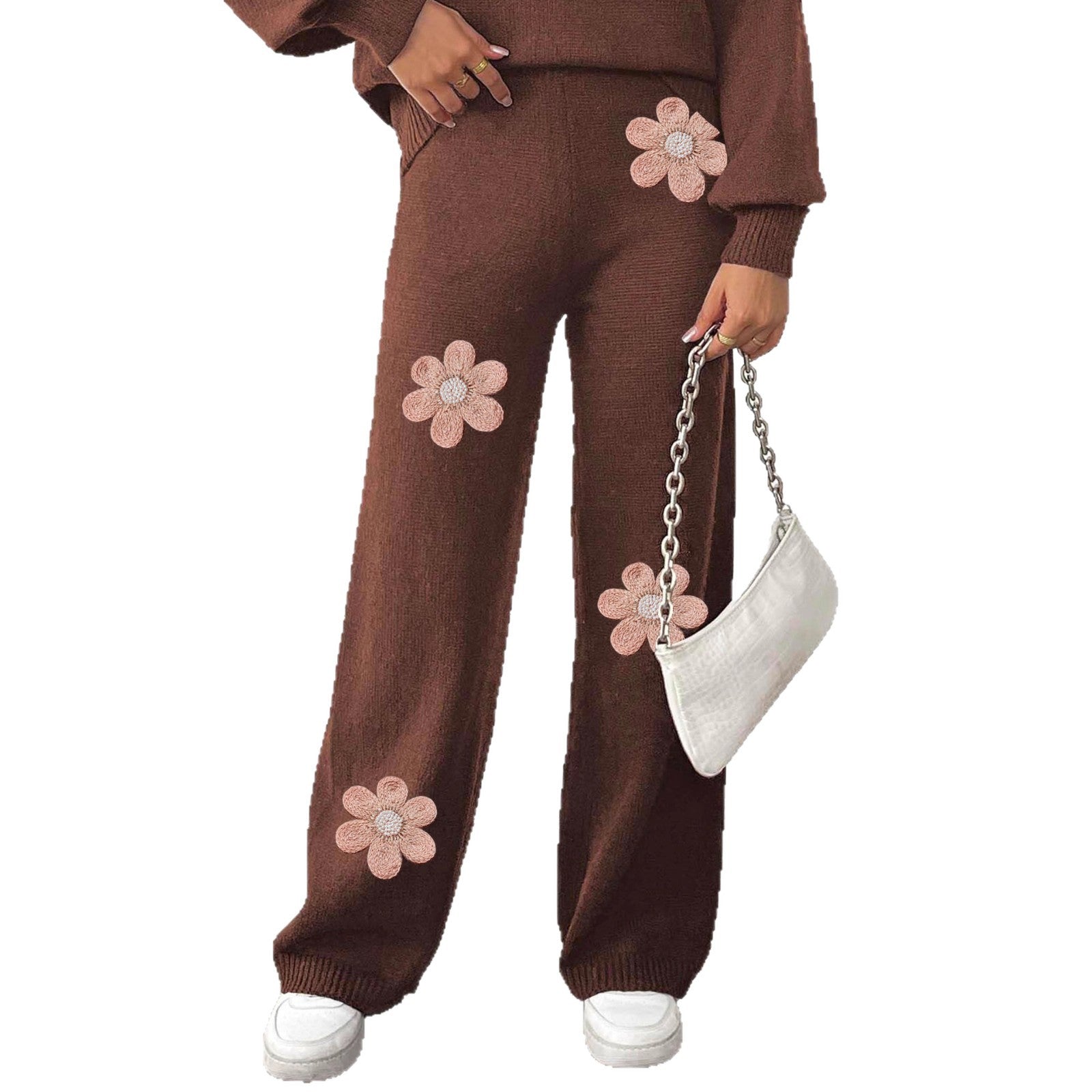 Damen lockere Strickhose mit floralen Applikationen R&B