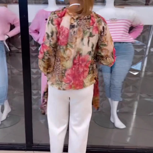 Damen nan leichte Satinbluse mit Animal- und Floralprint, Rüschenkragen, V-Ausschnitt und Manschettenärmeln R&B