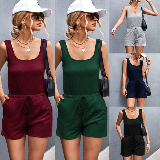 Damen Lässiger Jumpsuit mit verstellbarem Taillenzug und charmantem U-Ausschnitt R&B