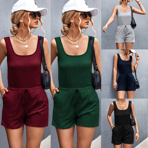 Damen Lässiger Jumpsuit mit verstellbarem Taillenzug und charmantem U-Ausschnitt R&B