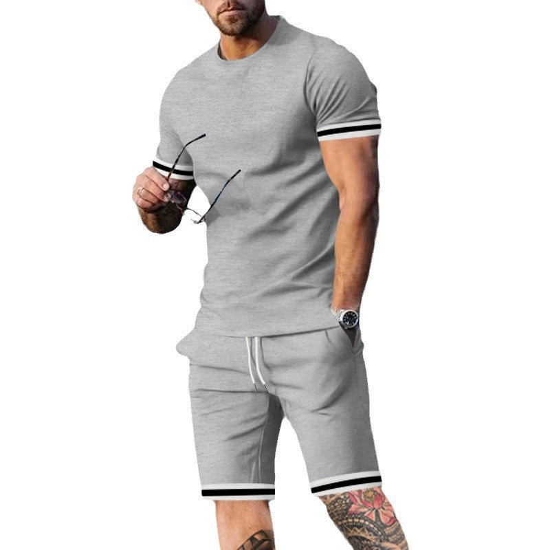 Herren nan athletisches Freizeit-Set aus Baumwoll-Feinjersey mit Kontrastbündchen und Kordelbund-Kurzhose R&B